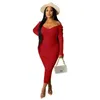 2022 Herfst Vrouwen Bodycon Plus Size Jurk Geribbelde Gebreide Trui Rok Mode Off Shoulder Lange Mouwen Maxi Jurken