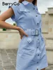 BerryGo Elegant summer shirt dress short sleeve office dres Single breasted belt mini dress Blue pocket work vestido 220601