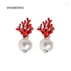 Stud rouge corail cerf bois blanc fausse perle boucles d'oreilles de noël mode cadeau de noël bijoux fête de vacances oreille accessoiresStud Dale22 Farl22