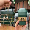 Starbucks Kupası Yeni Yıl Hediyesi 384ml Klasik Yeşil Silikon Katlanır Kupa, Zincir Çantalı Portatif Portatif Kupa