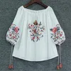 Blusas para mujer, camisas étnicas Vintage blancas bordadas con flores para mujer, camisa holgada de manga farol 3/4, camisetas informales de lino y algodón para mujer