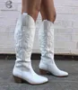 Plus Size 45 Women's Embroidered Western Knee High Boots Cowboy Cowgirl Boots Chunky Heel Platform Boots Women Western Shoes Y220718