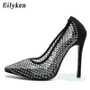 FashionDress Shoes UVRCOS Sexy Hollow Out Cozy Breathable Mesh Rhinestones Women Gladiator Pumps Fashion Thin High Heels Black Party Wedding