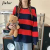 Jielur Langarm ONeck Lose Pullover Tops Frauen Weiß Schwarz Einfache Gestreifte Sweatshirts Vintage Grün Harajuku Hoodies MXL 220815