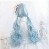 Long Wavy Curly Hair Synthetic Wig Pink Green Gradient Girl Bangs Lolita Cosplay with Heat-resistant w 220622