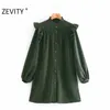 Zevity Nouvelles Femmes Agaric Dentelle Solide Couleur Plis Chemise Robe Bureau Dames Lanterne Manches Poitrine Casual Affaires Robe DS4601 210419