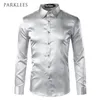 Zijde Shirt Mannen Satijn Smooth Solid Tuxedo Business Chemise Homme Casual Slim Fit Glanzende Gouden Trouwjurk S 220323