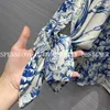 Women's Two Piece Pants Designer High-End Summer Silk Blue White Flower Print Set Women Long Sleeves Blouse Wide Leg PantsWomen's