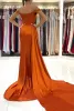 Simple Sexy Orange Off Shoulder High Side Split Mermaid Prom Dresses Cap Sleeve Plus Size Floor Length Evening Gowns Custom Made