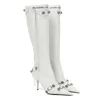 Черные колена высокие каголевые сапоги дизайнерская женщина сексуальные заклепки заостренные пальцы моды Martin Boot Side Zipper Зимние длинные пинетки eu40