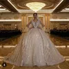 Luxury Sparkly Gold Sequined V neck Wedding Dresses Bridal Gowns Arabic Dubai Sleeveless Pleats Vintage Cathedral Train Bride Gown Plus Size