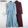 Herfst winter gebreide lange jurk vrouwen casual o-hals slanke bodycon robe trui jurken kantoor dame dikke maix jurk 220316