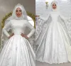 Dubai Arabic Modest Muslim A Line Wedding Gowns Long Sleeve High Jewel Neck Lace Applique Pearls Floor Length Beads Satin Bridal Gowns with Hijab Robes