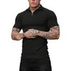 Herren-T-Shirts, schwarze T-Shirts, Herrenmode, Freizeit, Sport, Fitness, einfarbig, Reißverschluss, Raglanärmel, T-Shirt, kurz, einfarbig, BulkMen's