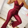 Automne Spring Femmes V-Neck Sexy Eyellash dentelle sans manches PU Cuir Spaghetti Sangle Crop Top Pantal