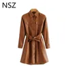 NSZ Women Brown Faux Pure Pu Leather Long Jacket With Belt Fall Fashion Artificial Fur Coat Elegant Female Outwear Tops 20103030