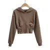 DEAT Loose Fit Short Solid Navel Sweatshirt Hoodies Long Sleeve Women Big Size Fashion Female Autumn 13T451 201203