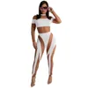 2022 Designer plus size jumpsuits voor vrouwen sexy mesh lange mouw splicing pure broek zie door leggings dames rompers