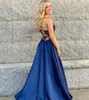 Spaghetti pasy koronkowe suknie wieczorowe wysokiej strony Split Aplikacje Sweep Lace-up Back Satin Formal Prom Suknie