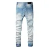 Mens Paint Jeans Denim Skinny Slim Biker Moto Hip Hop rechte been Blue Patch Vintage Distress Stretch voor man Guys Knie gescheurde broek lange rits met gat middengewicht