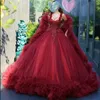 Red Puffy Prom Dresses Spaghetti Appliqued Lace Beads Ruffles Tulle Chic Evening Dresses Sweep Train Custom Made Muslim Formal