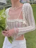 ALLNeon Y2K Aesthetics Cute Ruffles Trim Bandage Lace 2 Piece T-shirts 2000s Fashion Long Sleeve Covers and Camis Sweet Outfits 220407