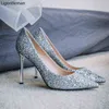 Klänning skor silver höga klackar kvinna pumpar gradient lysande glitter brud paljetter mode party sexiga tunna kvinnor 220316