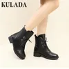 KULADA Moto Dames Vintage Combat Automne Armée Punk Goth Femmes Biker PU En Cuir Court En Peluche Bottes 201031