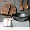 Sartén Wok de acero al carbono Juego de wok para saltear de 32 cm con tapa de madera Sartén antiadherente de fondo plano para inducción eléctrica y estufa de gas 220423