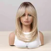 Nxy Wigs Synthetic s Long Natural Wavy Ombre Brown Golden Highlight Blonde Layered Hair with Side Bangs for Women Heat Resistant 220528