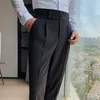 Мужские костюмы Blazers Men Clothing 2022 Дизайн брюки с высокой талией Сплошные брюки в Англии. Случайный костюм Ремень Прямой стройный подход Bottomsme