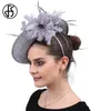 FS Fascynatorzy Gray Sinamay Hat with Feather Fedora for Women Derby Cocktail Party Bridal Ladies Church Hats 220813