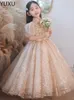 Champagne Princess Flower Girls Dresses Wedding Sequined Lace Tulle Puffy Party Children For Birthday Ball Gown Girl Pageant GOWNS 403