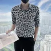 Men's Casual Shirts Fashion Leopard Print Men's Shirt 2022 Summer Half Sleeve Slim Male Business Social Party Tuxedo Streetwear CamisasM