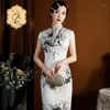 Kadınlar Zarif Çin Cheongsam Moda Çiçek Baskı Qipao Elbise Vintage Tang Su İçi Buzlu Banquet Kostümü İnce Etek Düğün Etnik Giysileri