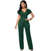 Green Jumpsuit V Collar Short Sleeve Ruffles Women Rompers Jumpsuites Club Outfits Elegant Woman Long Jumpsuit 2XL XL-S