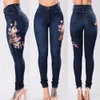 Stretch Embroidered Jeans Y2k Women Elastic Flower Jeans Female Slim Denim Pants Hole Ripped Rose Pattern Jeans Pantalon Femme