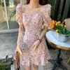 SLPBELY Women Summer Vintage Oil-Painting Deep Ruffles Square Collar Puff Sleeve Floral Dress A Line Mini Dresses Sundress 220516