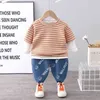 Primavera otoño, conjuntos de ropa para bebés, nueva moda 2021, camiseta de retazos a rayas para niños + Pantalones vaqueros, ropa para niñas pequeñas, trajes G220509