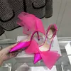 Dam klänning skor Averly 100 Mesh Fascinator Bows Slik Pumps höga klackar Lyxiga bröllopssandaler svart fuchsia latte Sexiga kvinnor mode fest sneakers med låda