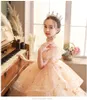 Modest Fluffy Flower Girl Dresses With 3D Floral Applique V-Neck Lace-Up Backless Birthday Dress Lovely Girls Pageant Gowns 403