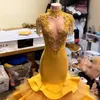 Bright Gold Tulle Ruffled Mermaid Prom Dresses High Neck Sexy Keyhole Tiered Spets Aso Ebi Evening Dress for Black Girls Plus Size