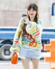 Women's Sweaters Rainbow Color Letters Sweater Lattern Sleeve Striped Knitted Jumper Sweet Loose Fit Women Autumn Temperament All-Match Pull