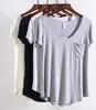 T-shirt Femme HanOrange Modal Plus Taille Poche Été Manches courtes Lâche Femmes Col V Couleur Pure Doux Noir Gris Blanc Beige 220402