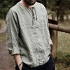 Men's Linen V Neck bandage T shirts Male Solid Color Long Sleeves Casual Cotton Linen tshirt Tops M-3XL 220323