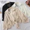 Camisa abotoada de meia manga de verão Camisas de chiffon casuais solteiras Mulheres amarradas a cintura elegante para mulheres 210308