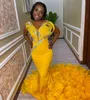 2022 Plus Size Arabic Aso Ebi Yellow Mermaid Luxurious Prom Dresses Pärled Crystals Evening Formal Party Second Reception Birthday Engagement Gowns Dress ZJ133