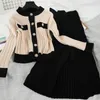 High Quality Spring Fall Knit 2 Piece Set Women Office Lady Single Breasted Sweater Cardigan + Pleated Long Skirt Suit Sets 220513