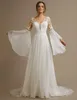 2022 Boho A Line Chiffon Wedding Jurk Flare Lange Mouw Country Bridal Jurys Lace Appliques Illusion Open Back Chic Summer Bruid Jurken Custom Made Made Made