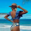 Damenbadbekleidung Hohe Taille Bikini Rüschen Frauen Druck Badeanzug Push Up Bikinis Plus Größe Badeanzüge Floral Strand Tragen 2 Stück Set